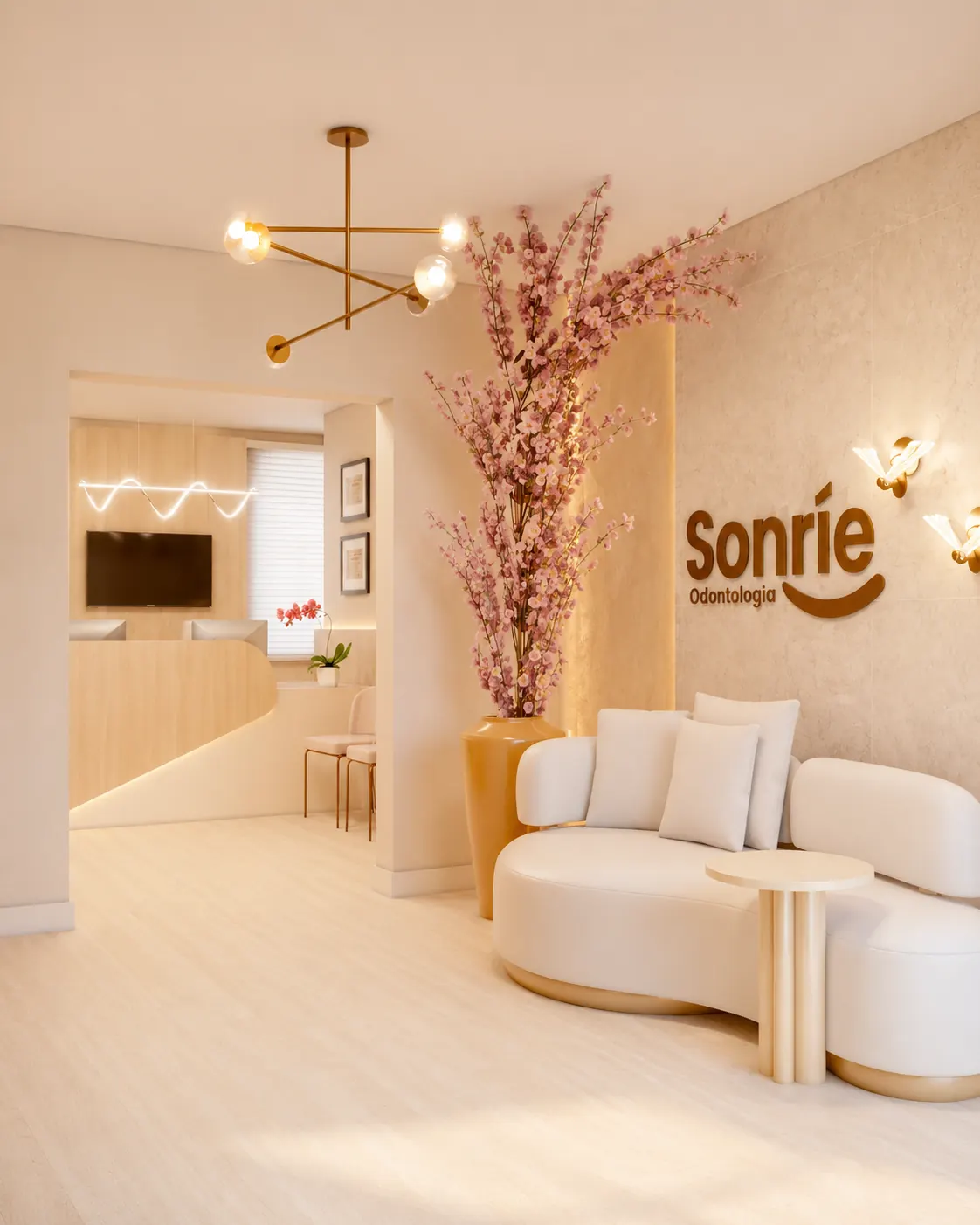 Recepção premium da Sonríe Odontologia, com ambiente acolhedor, tons claros e identidade visual elegante.